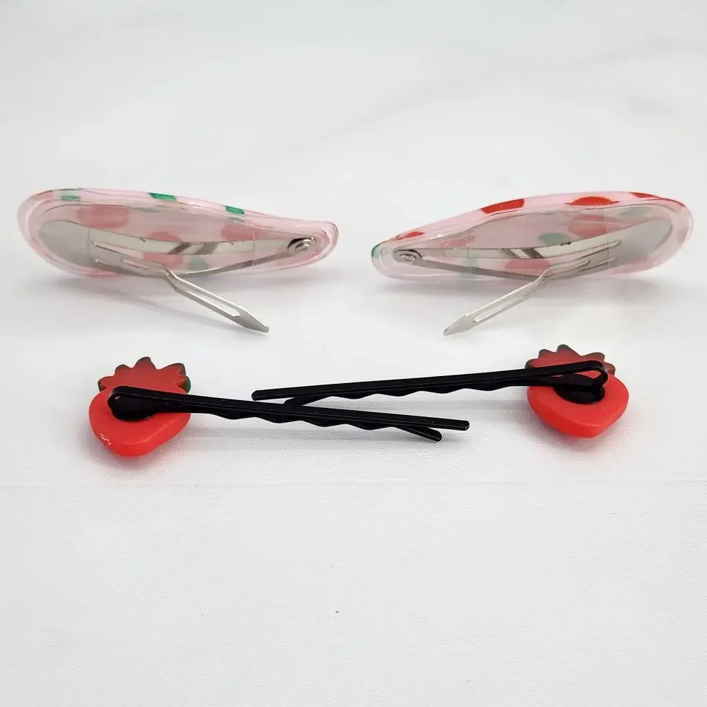 4 pc Fruit Hair Accessories 2 Strawberry bobby pins 2 Cherry snap barrette clips